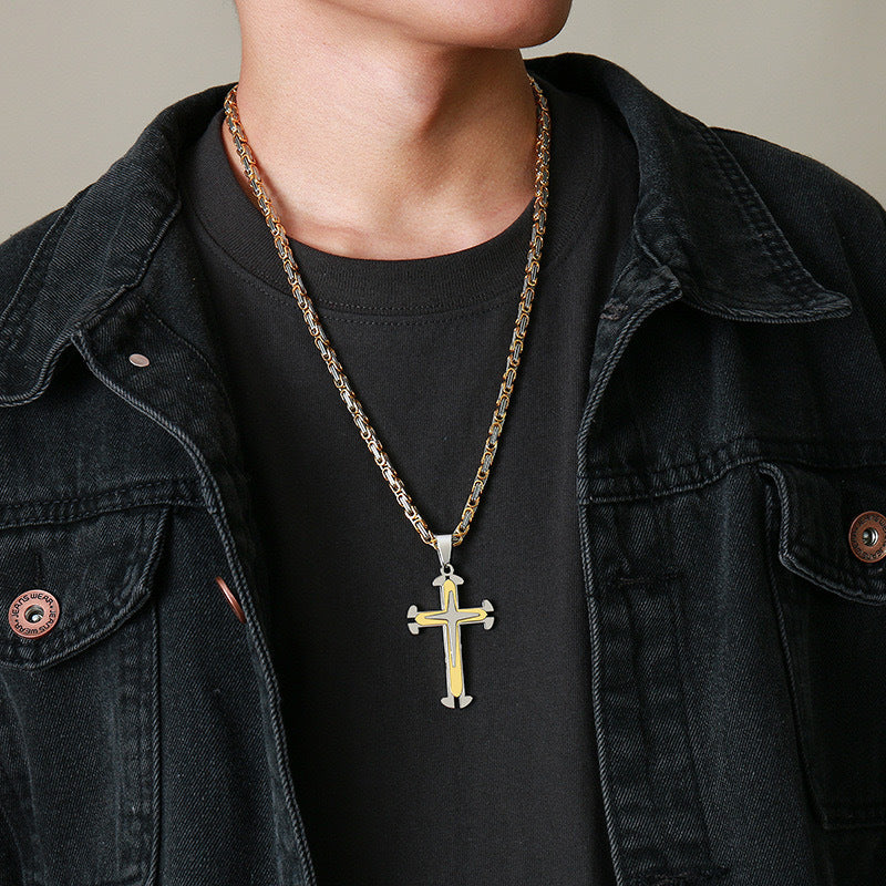 Planderful Stainless Steel Bold Triple Cross Pendant Necklace For Men On Byzantine Chain
