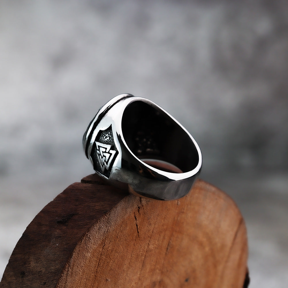 Viking Warrior Wolf Head Rune Titanium Steel Ring for Men