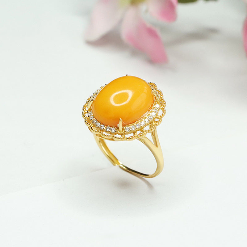 Sterling Silver Flower Ring with Beeswax Amber and Zircon Detail