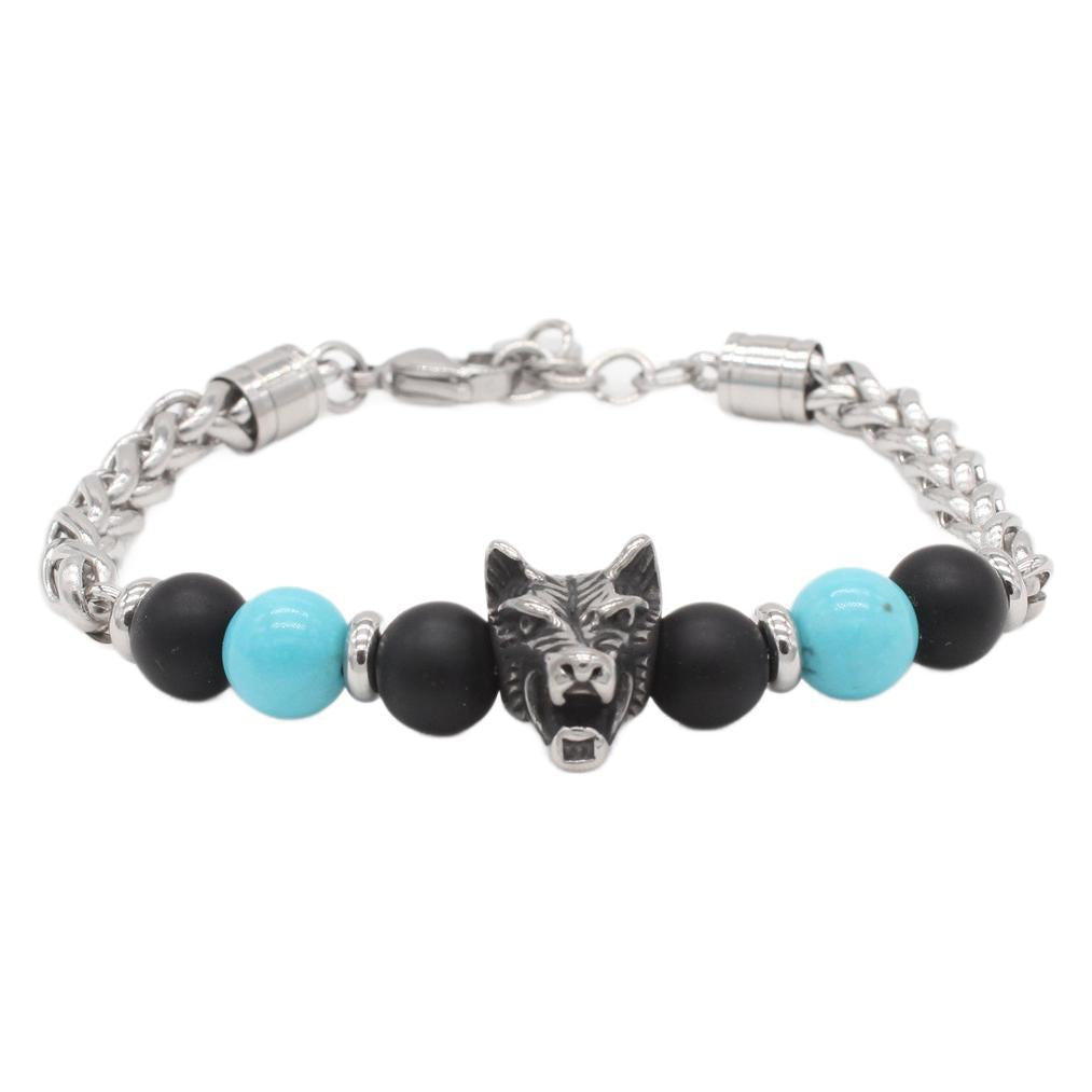 Planderful Everyday Genie – Hip Hop Stainless Steel Keel Chain Frosted Agate Tiger's Eye Wolf Head Bracelet