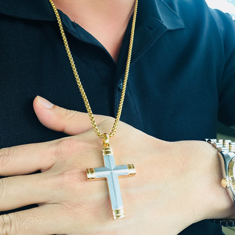 Men's Cross Necklace Stainless Steel Cross Pendant Steel Gold