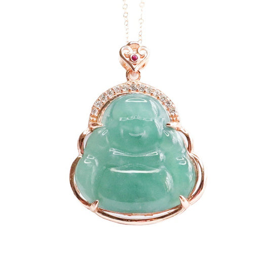 Ice Blue Green Buddha Fortune Necklace with Zircon and Jade in S925 Silver
