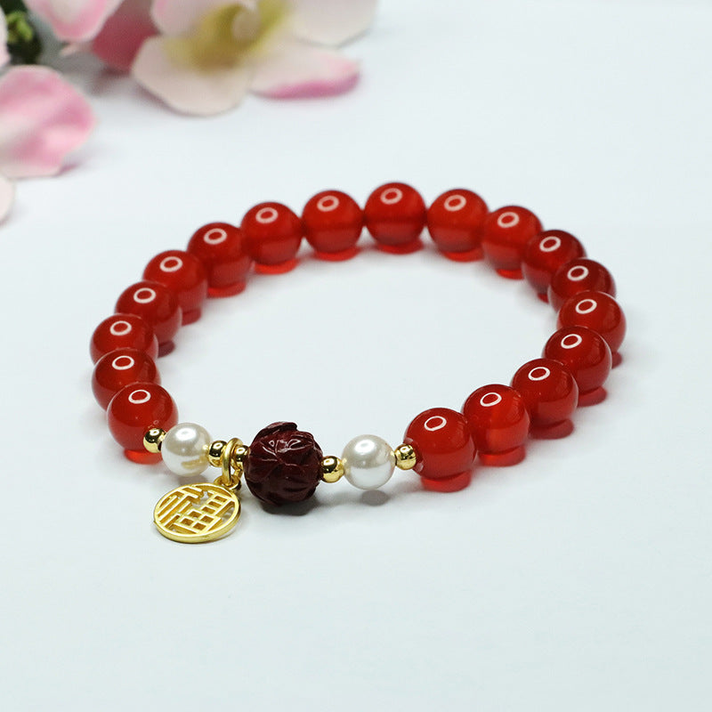Elegant Sterling Silver Bracelet with Natural Red Agate, Purple Sand Lotus, and Pearl