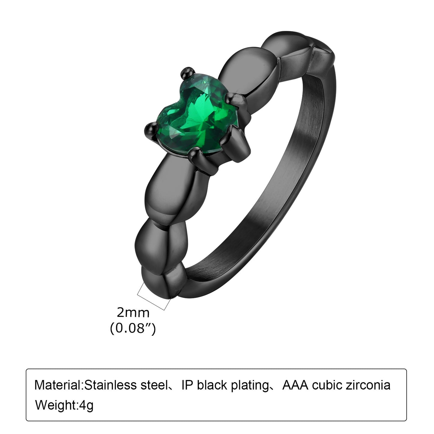 Jewelry Rings Stainless Steel Green Zircon Heart-Shaped Love Black Ring