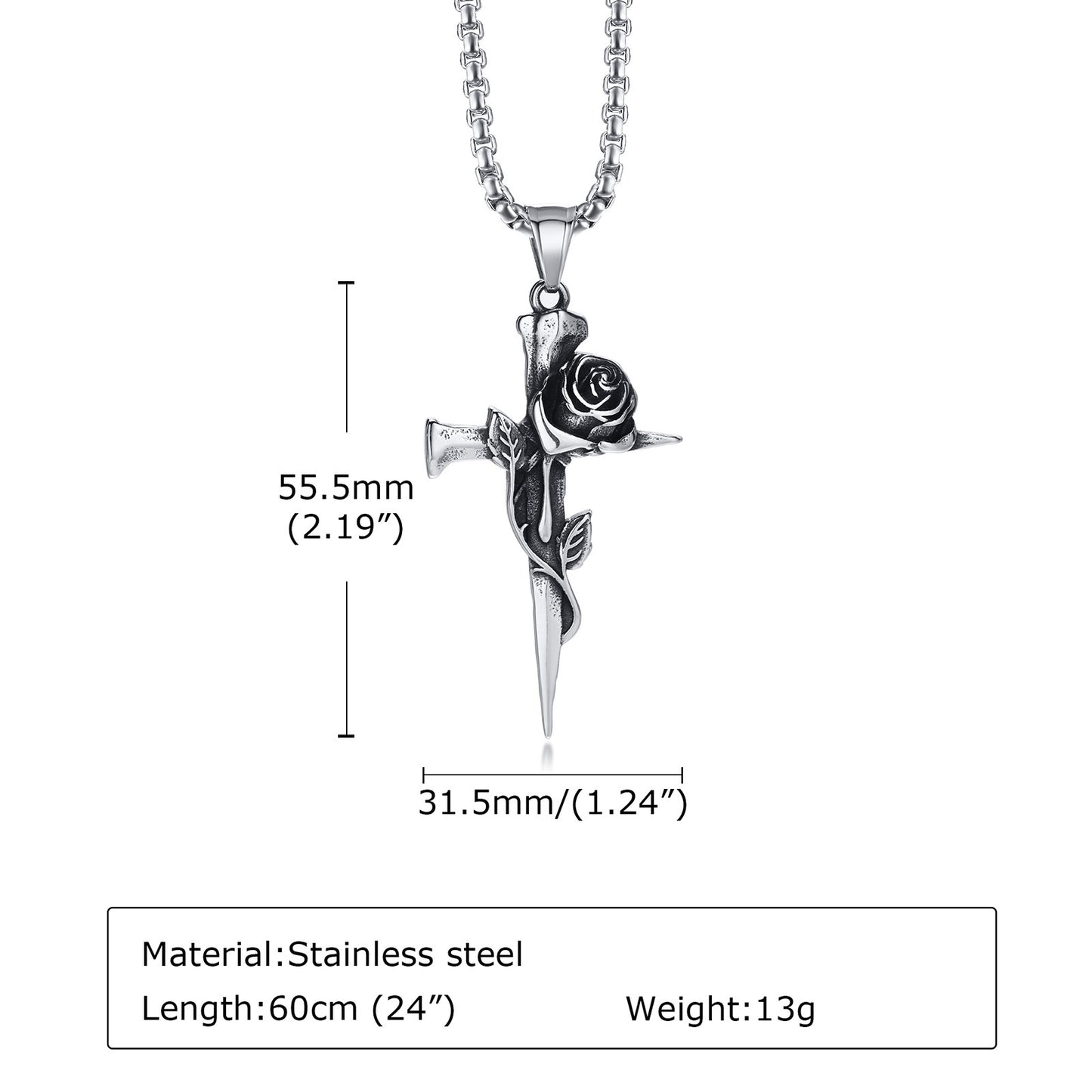 Stainless Steel Rose Retro Style Cross Pendant Necklace for Men