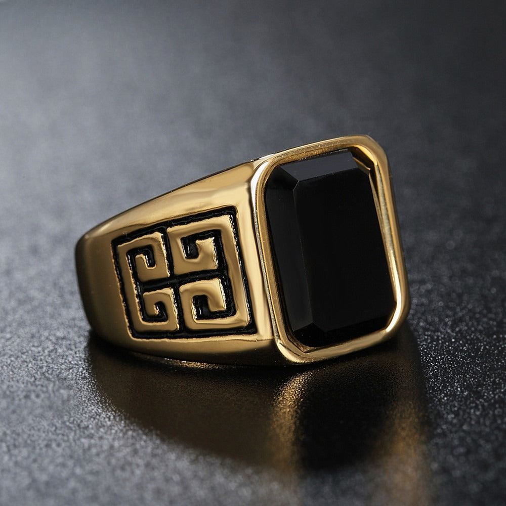 Agate Gemstone Ring For Men Unisex Durable Titanium Steel Great Wall Pattern Planderful