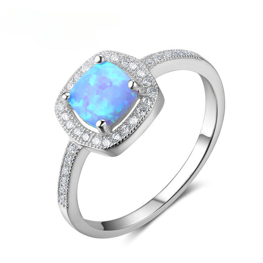 Cushion Cut Blue Opal Soleste Halo Zircon Sterling Silver Ring