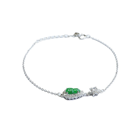 Sterling Silver Bracelet with Natural Jadeite Ice King Green Gourd