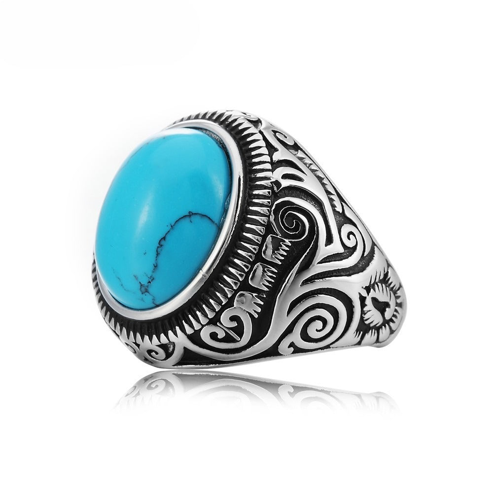 Planderful Sapphire Ring Unisex Vintage Pattern Titanium Steel Protection Statement For Men And Women