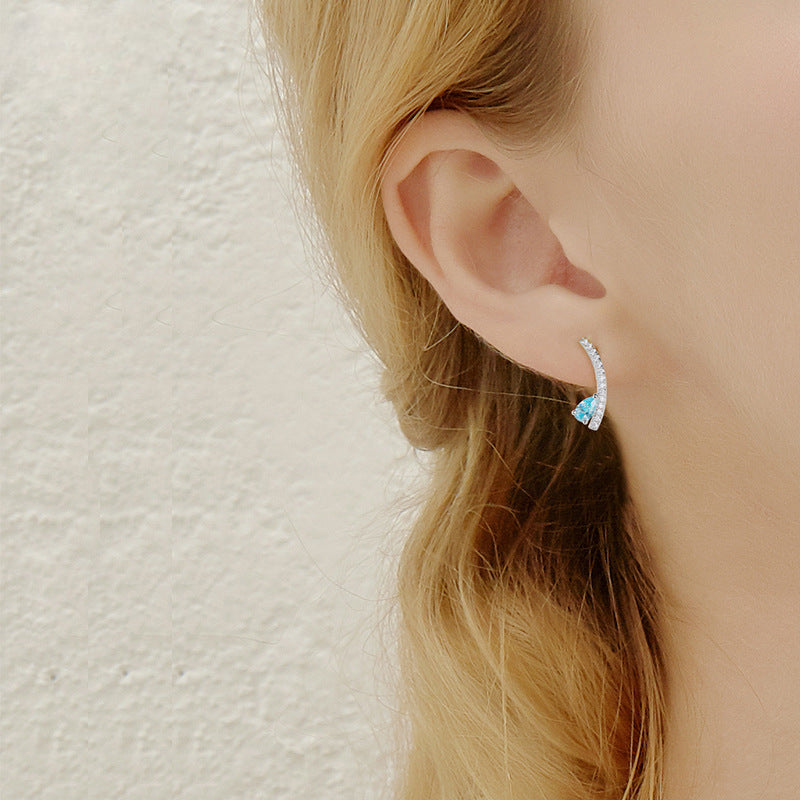 Sea Blue Pear Shape Zircon Arc Shape Sterling Silver Stud Earrings
