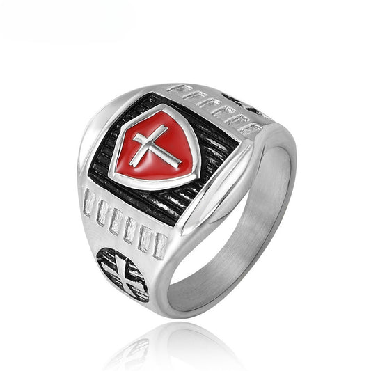 Red Knights Shield Latin Cross Titanium Steel Ring for Men
