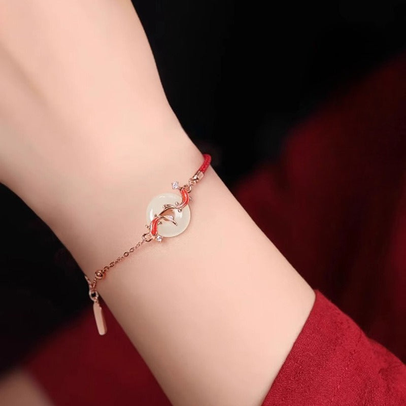 Planderful Sterling Silver Koi And Tian Jade Safety Buckle Bracelet Red Rope For Girlfriend Gift