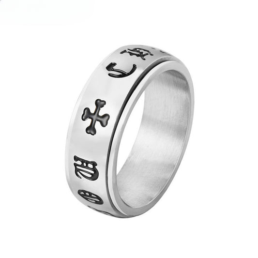 Cross Gothic Text Pattern Rotating Titanium Steel Ring for Men