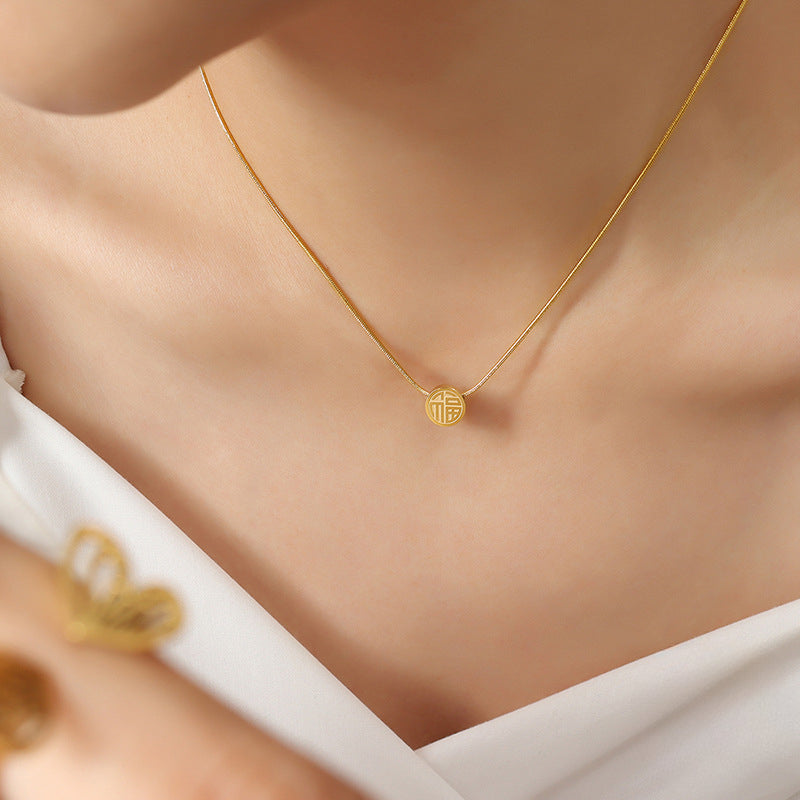 Double-Sided Happiness Character Pendant Necklace - Titanium Steel with 18K Gold Plating