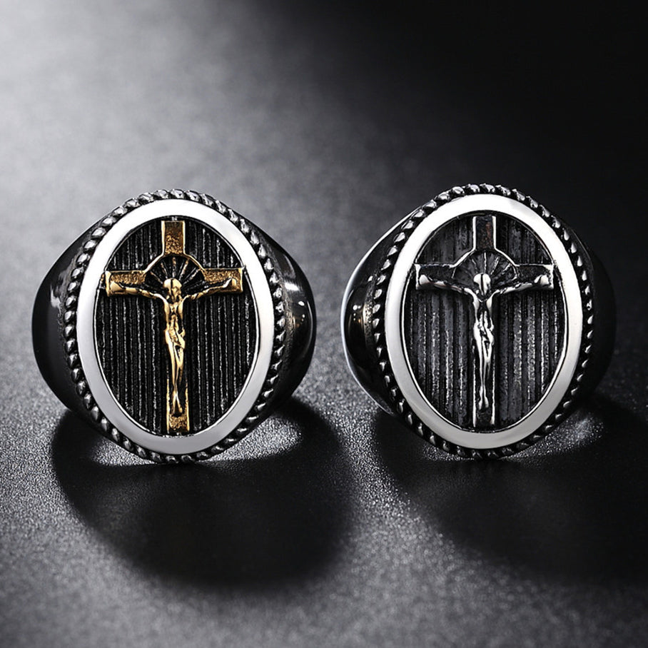 Jesus Crucifix Oval Titanium Steel Ring for Men