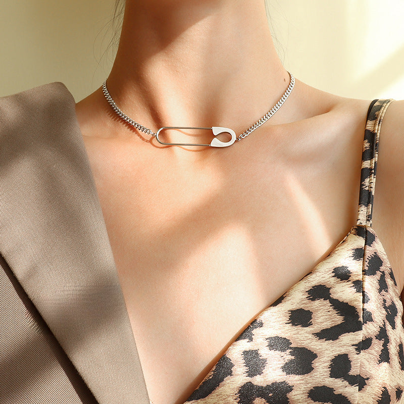 Exaggerated Personality Pin Pendant Necklace - Titanium Steel Female Clavicle Necklace