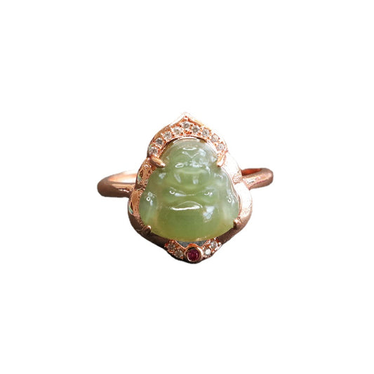 Fortune's Favor Sterling Silver Jade Buddha Ring With Zircon Jewelry