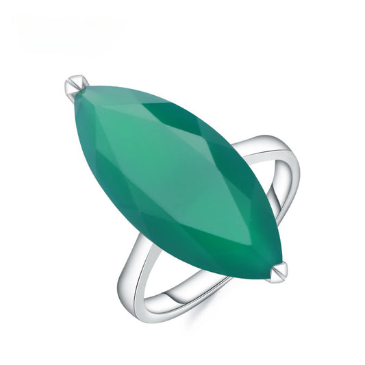 Solitaire Horse Eye Natural Green Agate Silver Ring