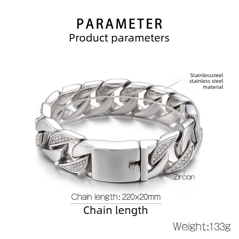 Korea Dongdaemun Glossy – Generous Titanium Steel Men's Zircon Cuban Chain Bracelet