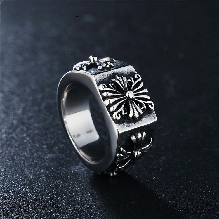 Cross Flower Square Surface Titanium Steel Ring for Men