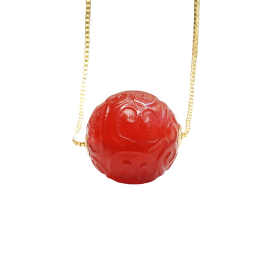 Natural Red Agate Auspicious Cloudscape Pattern Round Beads Pendant Golden Necklace Jewelry