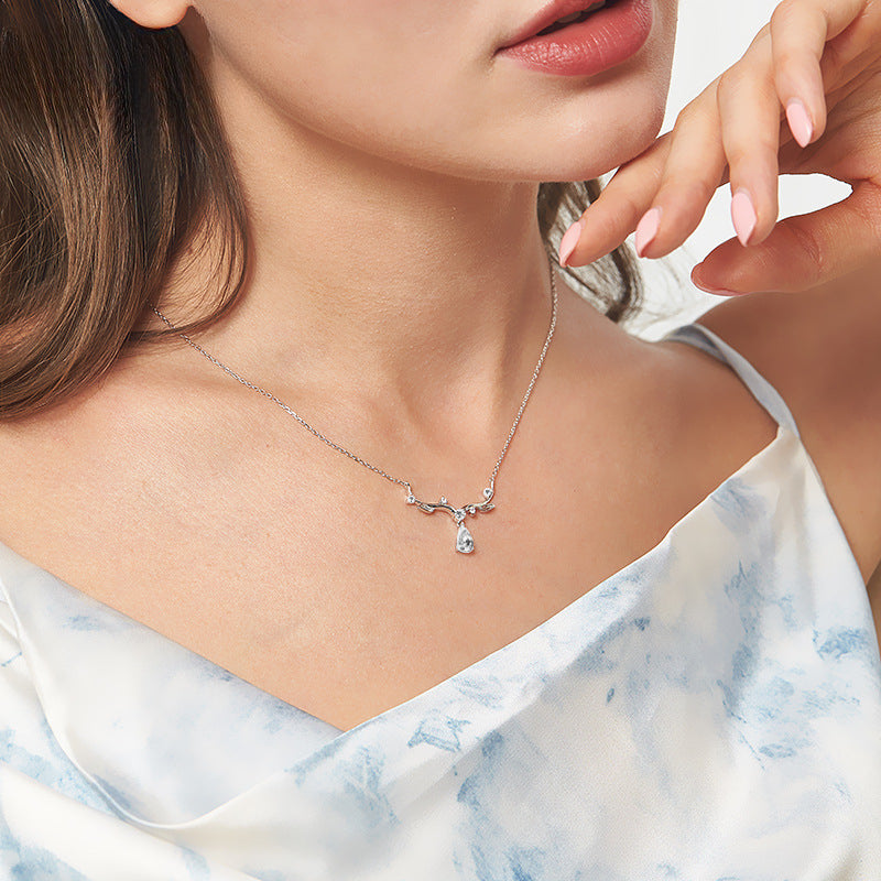 Christmas Deer Horn Pendant Pear Shape Zircon Sterling Silver Necklace