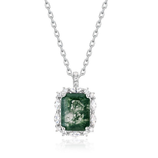 Planderful Jewelry Sterling Silver Necklace With Green Moss Agate Pendant And Zircon Accents