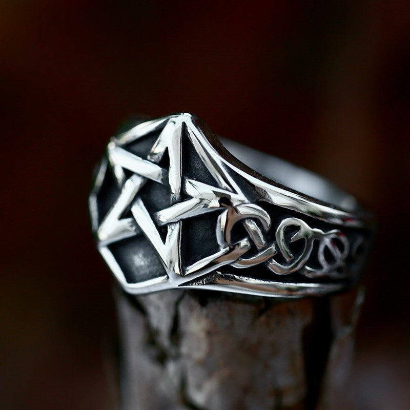 Nordic-Inspired Stainless Steel Pentagram Ring for Men - Viking Celtic Knot Design in Titanium Steel