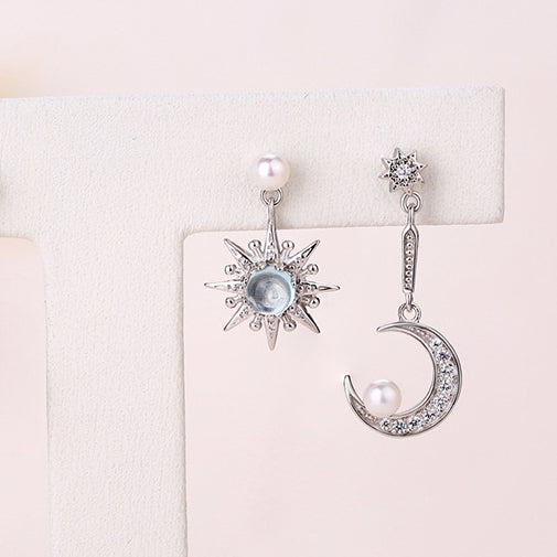 Blue Topaz Star Moon Pearl Zircon Asymmetric Sterling Silver Drop Earrings
