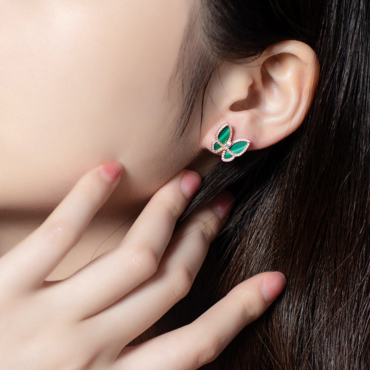 Zircon and Malachite Asymmetric Butterfly Sterling Silver Stud Earrings