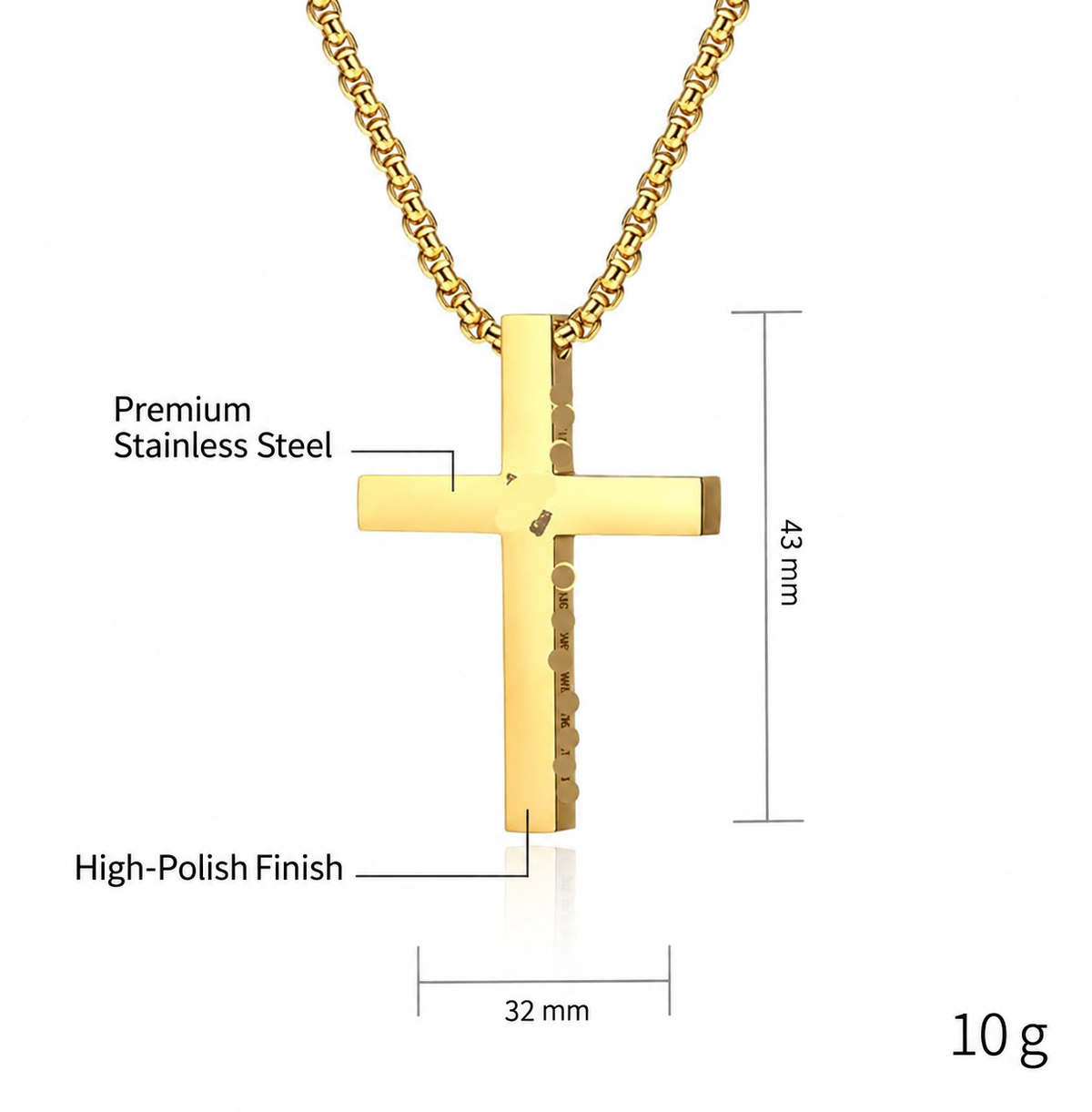 Gold-tone cross necklace dimensions and material in English