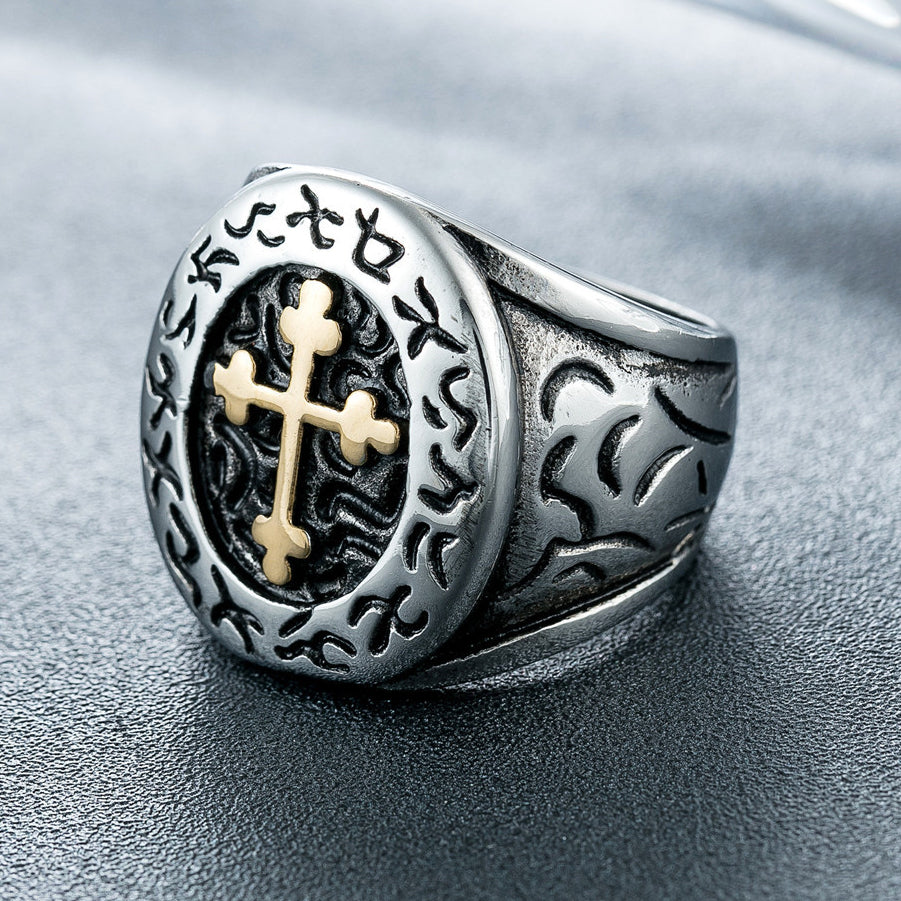 Saint Latin Cross Oval Titanium Steel Ring for Men