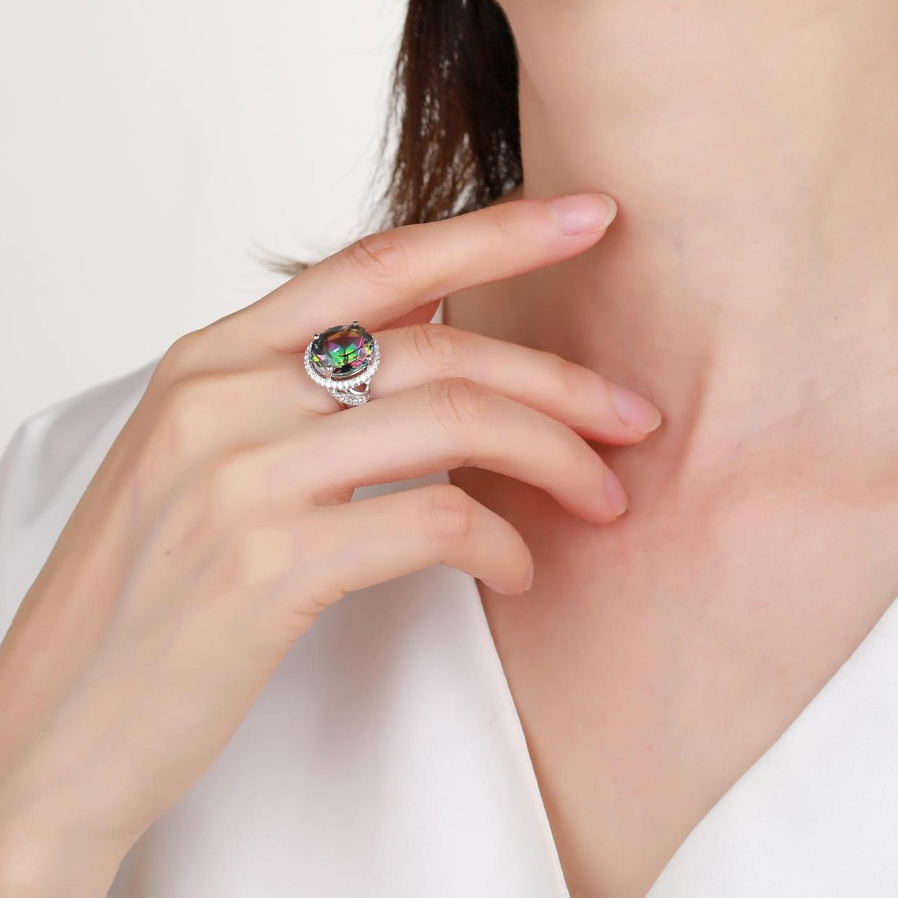 6.0 Carat Soleste Halo Oval Natural Gemstone Silver Ring