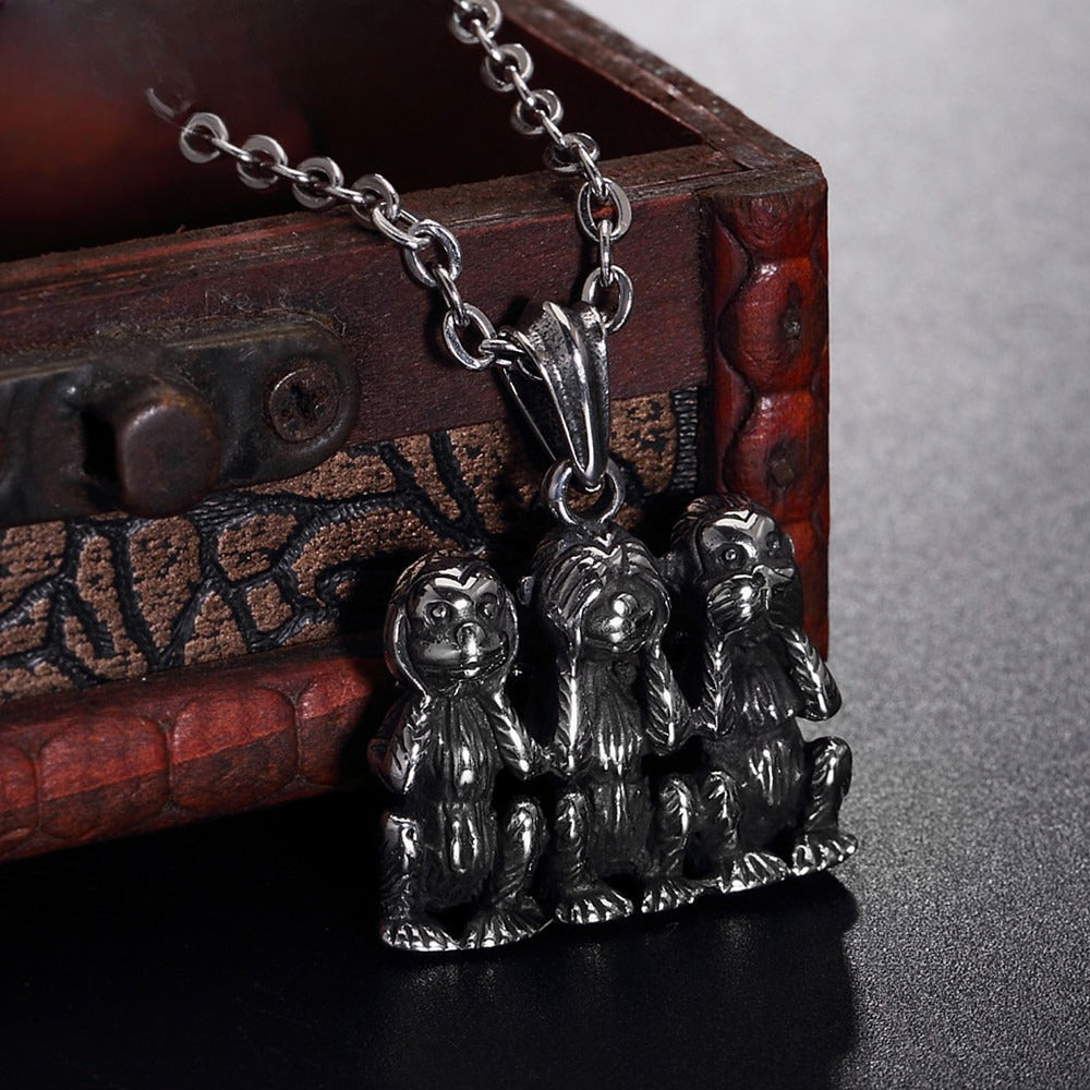 Planderful Three Monkey Pendant Titanium Steel Necklace Unisex Statement Jewelry For Men And Women