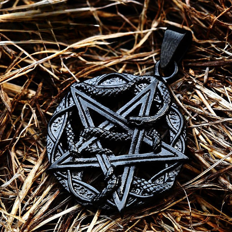 Titanium Steel Electroplated Black Snake Pendant with Pentagram Design for Men