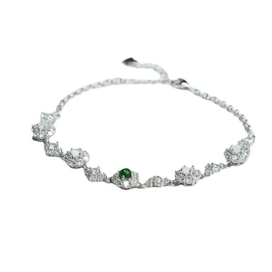Sterling Silver Natural Ice Jadeite Bracelet with King Green and White Ice Myanmar Jade