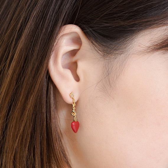 Red Heart Pendant LOVE Tassel Zircon Sterling Silver Drop Earrings