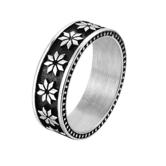 Row of Octagonal Flower Titanium Steel Ring for Men