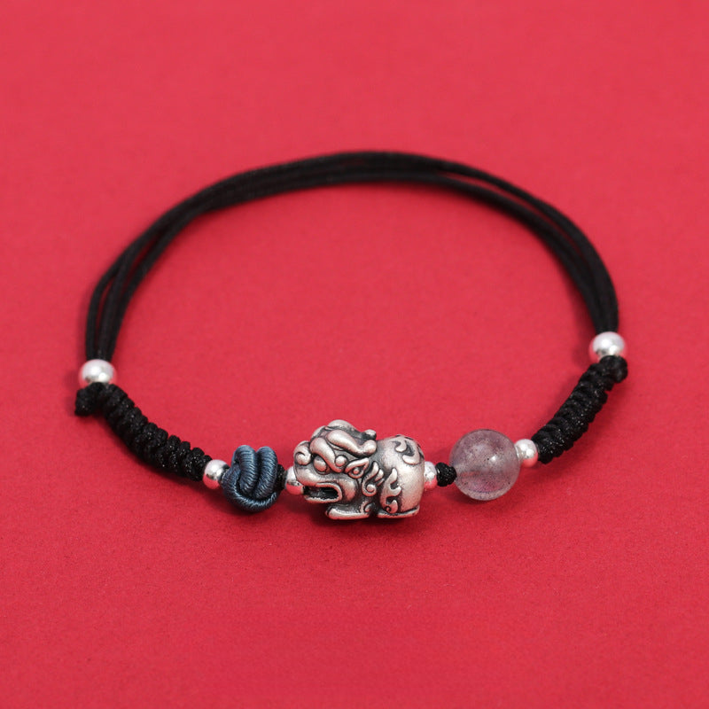 Red Rope Woven Bracelet with Silver Pixiu and Strawberry Crystal