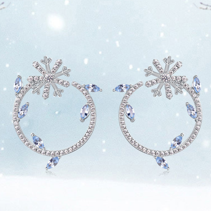 Marquise Shape Blue Zircon Snowflake Wreath Sterling Silver Stud Earrings