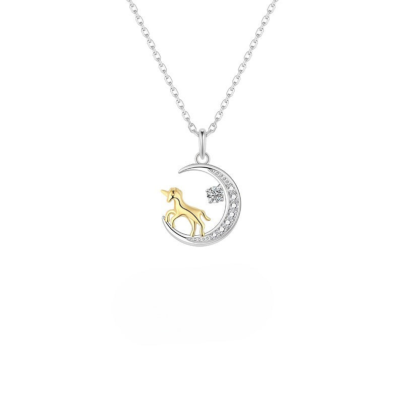 Planderful 925 Sterling Silver Zircon Moon Unicorn Necklace For Women Zodiac Birth Year Gift