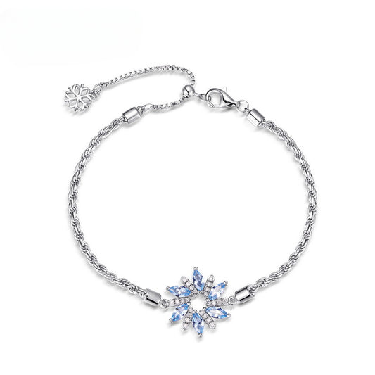 Winter Snowflake Marquise Shape Blue Zircon Sterling Silver Bracelet