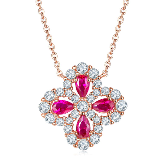 Four Leaves Clover Red Zircon Necklace