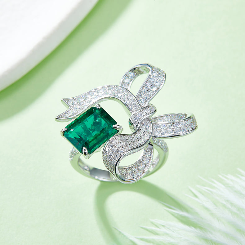 Opening Bowknot Rectangle Lab Created Emerald Silver Ring
