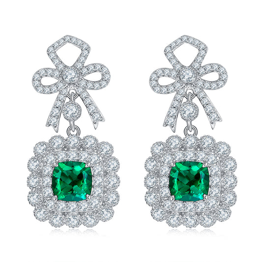Bowknot 12.7 Carat Square Lab Created Emerald Drop Earrings