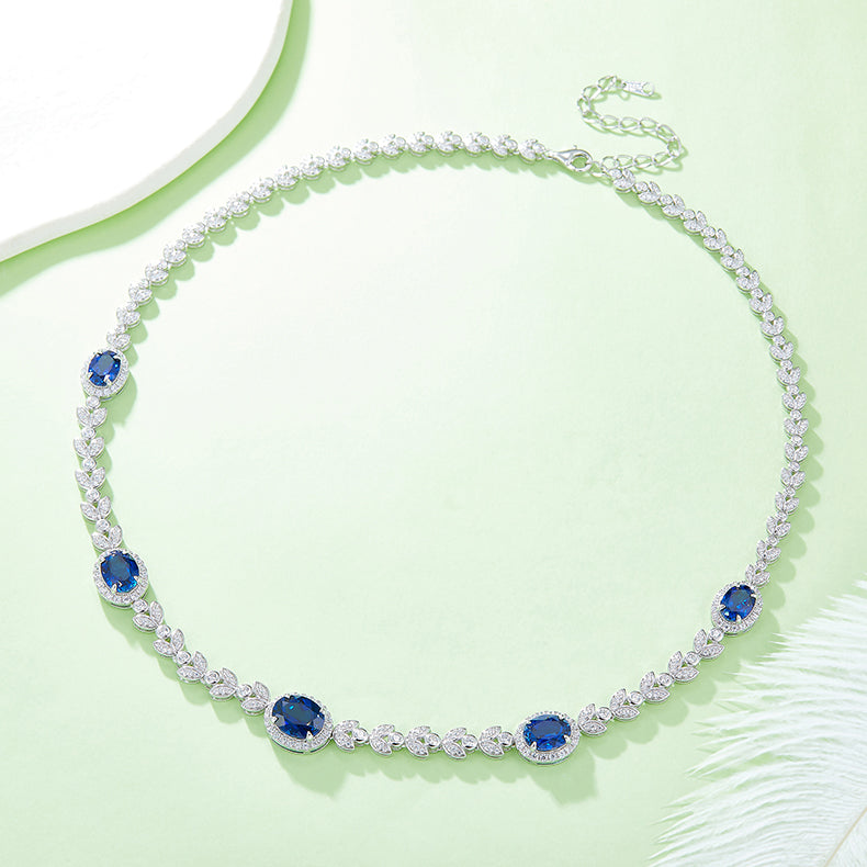 Leaf Oval Cut Lab Created Sapphires Necklace