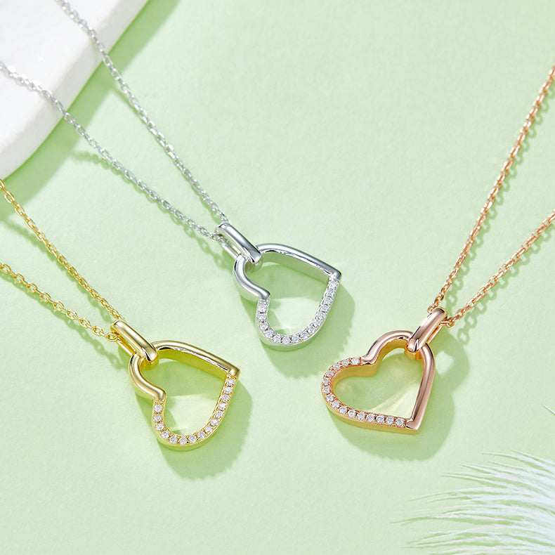 Hollow Heart Shape Pendant Moissanite Sterling Silver Necklace