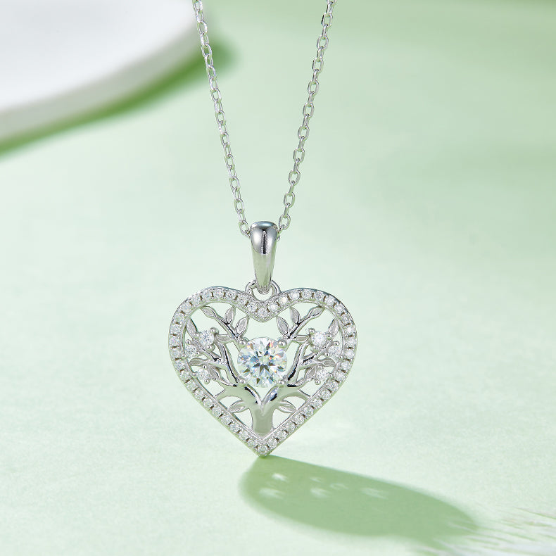 0.5 Carat Round Cut Moissanite Life Tree Heart Shape Sterling Silver Necklace