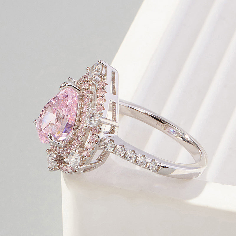 S925 Silver Plated Platinum Double Halo Ice Flower Cut Pink Zircon Ring
