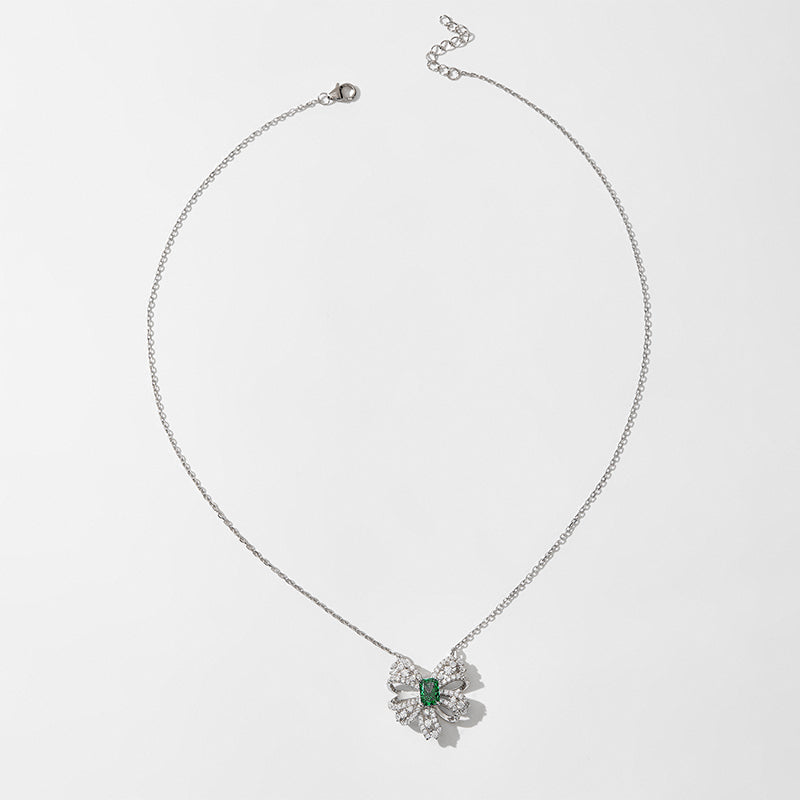 S925 Silver Plated Platinum Ice Flower Cut Green Zircon Butterfly Pendant Necklace